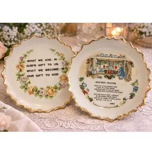 Vintage Bradley Japan Kitchen Prayer Wall Plates Religious Gold Rim Set of2